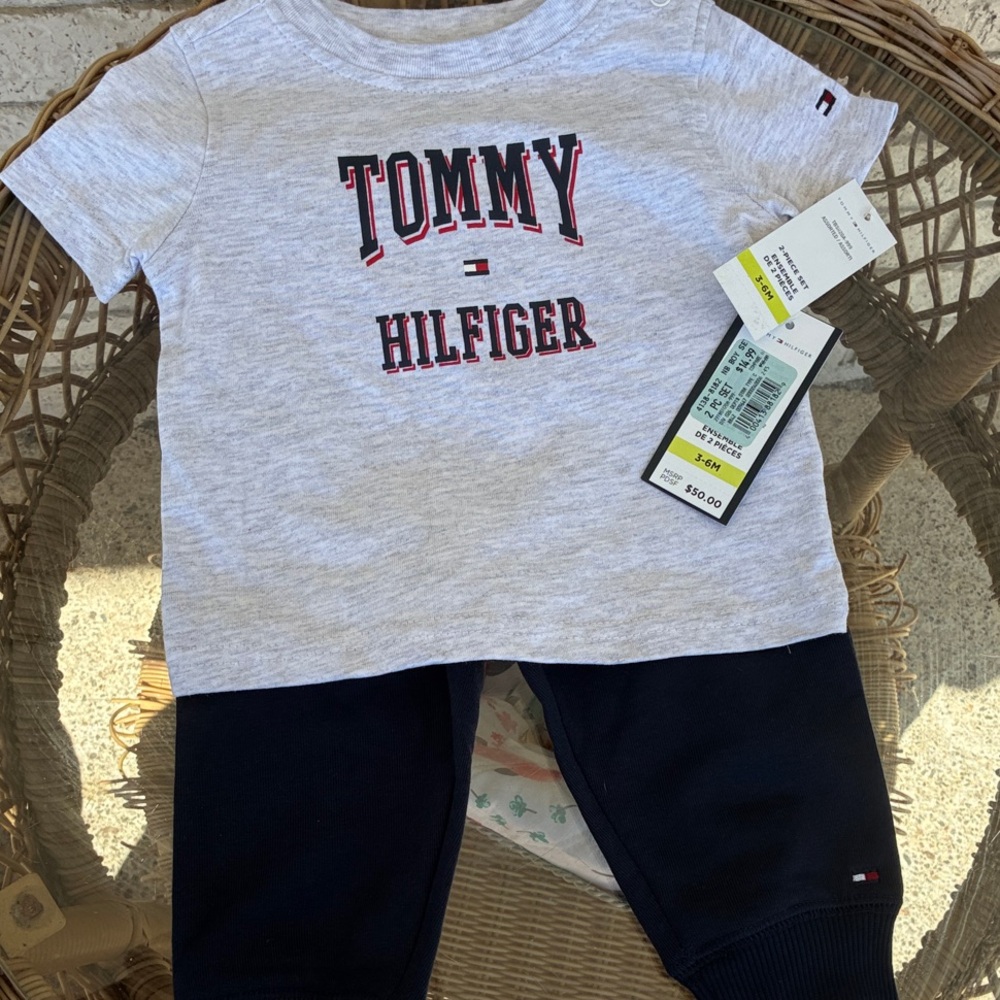 Tommy Hilfiger Gray Tee with Navy Blue Jogger Pants -kids 3-6M